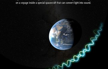 Poster with a picture of Earth and a blue soundwave, Text Audio Universe Tour of the Solar System