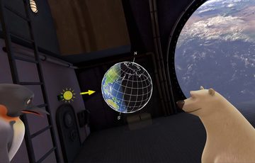 Animated penguin and polar bear looking at computerised earth half light with the sun.