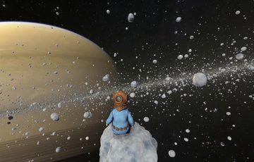 Graphic of an animal wearing a helmet sitting on a rock in space with a planet in front.