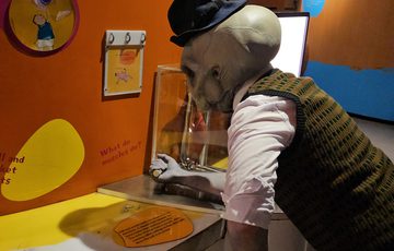 A person dressed as alien Roswell character looking at a display item.