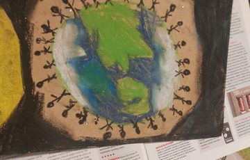 A drawing of the earth with stick like people standing all the way around.