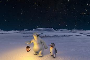 An animated polar bear and peguine walking on the snow with a night sky in the background. The polar bear holds a lamp.