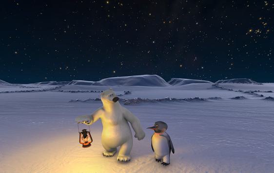 An animated polar bear and peguine walking on the snow with a night sky in the background. The polar bear holds a lamp.