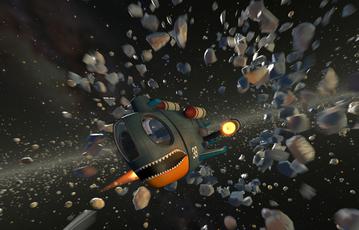An animated spaceship that looks like a fish is in space with debris all around.