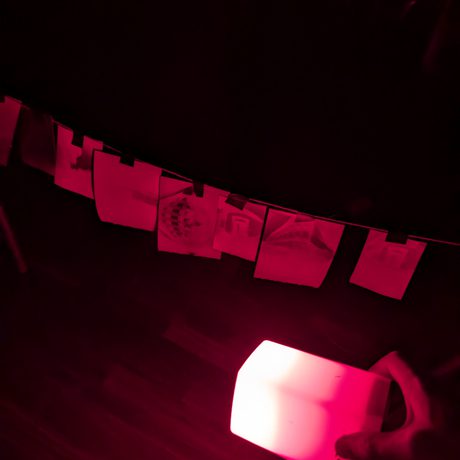A dark photo lit with a red light of paper hanging on a line.