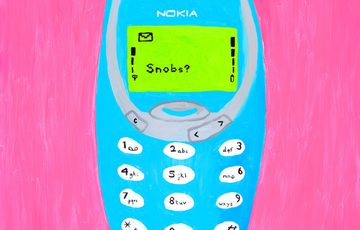 A blue painting of a Nokia phone on a pink background.