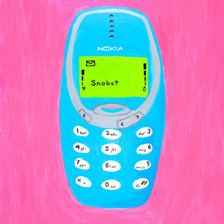 A blue painting of a Nokia phone on a pink background.