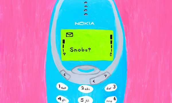 A blue painting of a Nokia phone on a pink background.