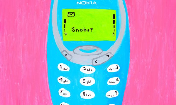 A blue painting of a Nokia phone on a pink background.