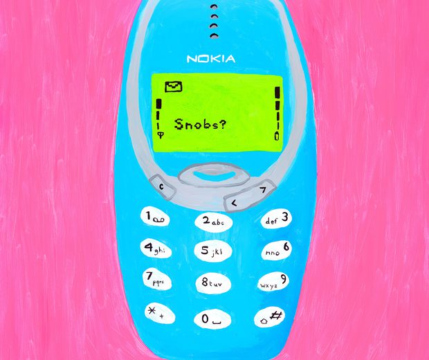 A blue painting of a Nokia phone on a pink background.