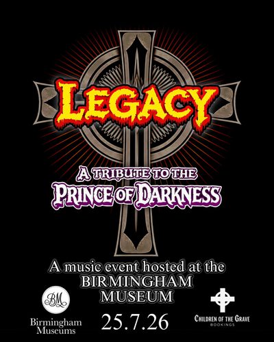 Graphic of a cross with the text 'Legacy A tribute to the Prince of Darkness. A music event hosted at Birmingham Museum. 25.7.26.'