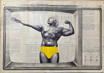 Ink drawing of muscular male posing while wearing yellow underwear. The is image is overlays text and is within a TV screen.