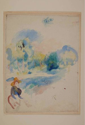 Watercolour of a landscape and lady in foreground, in soft colours and focus.