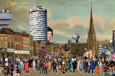 This artwork shows an old image of Birmingham with a church and houses, which has been updated with modern buildings and signs. The collage is filled with over 100 famous people who come from Birmingham.