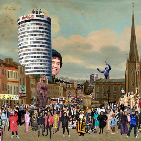This artwork shows an old image of Birmingham with a church and houses, which has been updated with modern buildings and signs. The collage is filled with over 100 famous people who come from Birmingham.