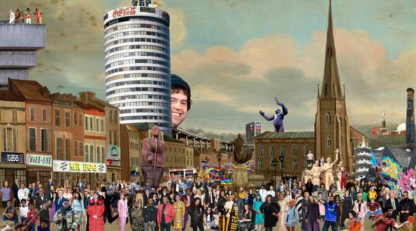This artwork shows an old image of Birmingham with a church and houses, which has been updated with modern buildings and signs. The collage is filled with over 100 famous people who come from Birmingham.