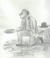 A pencil sketch of a man kneeling holding out a bowl.