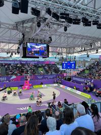 Wheelchair users are playing backetball in a large arena with a large crowd watching.