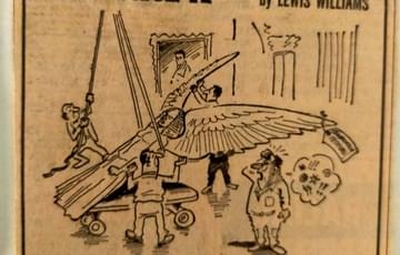 Old press cutting showing Lucifer being moved by some workman. One of the appears to have hurt himself and swore. He is saying "What do you mean - is that anyway to talk in front of Lucifer?"
