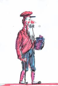 Pen and marker sketch of a man holding a basket.