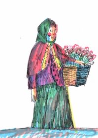 Sketch using pen and markers of a lady holding a basket of flowers.