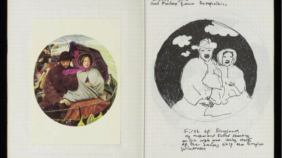 An open sketch book with a postcard of a painting on one side, and a similar but different drawing on the other side. Both feature a man and woman holding hands and staring forwards. They are dressed warmly in coats and hats.