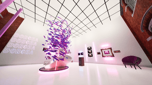 Shreenshot from game, it shows a room with a white floor and walls. In the centre of the room there is tall column of floating pink and purple pieces.