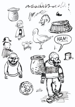 A collection of pen and ink sketches of a man and, coins and animals.