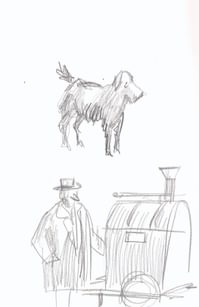 Pencil sketch of a dog and man with a potato cart.
