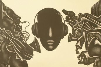 A an abstract graphic design in browns and creams, with a face in the centre wearing headphones, surrounded by faces, instruments and people.