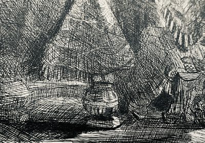 A black and white etching.