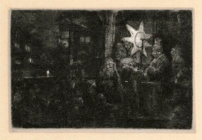 A black and white etching with very dark areas and a lightarea.