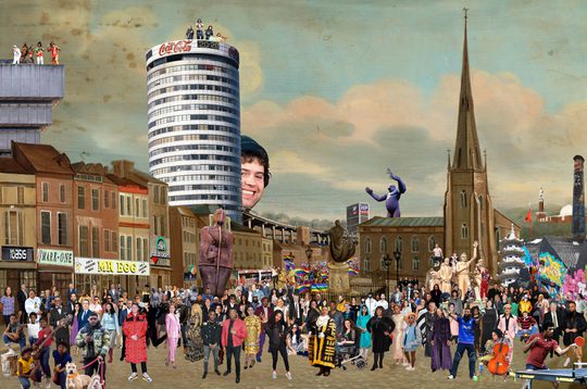 This artwork shows an old image of Birmingham with a church and houses, which has been updated with modern buildings and signs. The collage is filled with over 120 famous people who come from Birmingham.