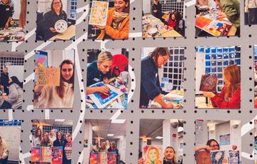 Image shows a series of photographs of Ukrainian refugee art group members creating various types of artwork at the Refugee and Migrant centre in the Jewellery Quarter, from self-portraits to block and lino cut printing.