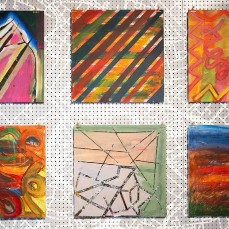 Image shows a close view of abstract square, colourful paintings by artist Ryan Choon, photographed by Mehvish Rehman.