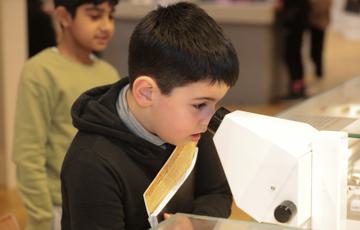 A child looking through a microscope in a gallery.
