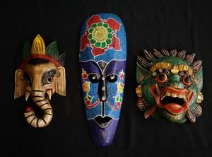 African dot-painted mask, Ganesh mask and Raksassa mask.