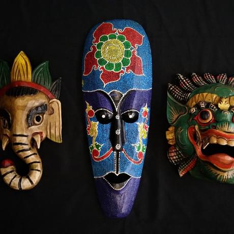 African dot-painted mask, Ganesh mask and Raksassa mask.