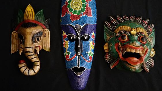 African dot-painted mask, Ganesh mask and Raksassa mask.