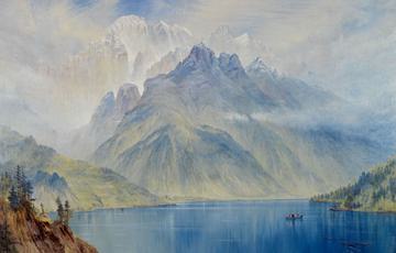 A painted landscape scene showing a lake a mountains with a small boat on the lake