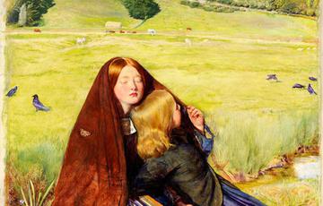 Painting of two young girls sitting in the countryside, the older girl's eyes are closed, she has a concertina on her lap, the younger girl faces away looking at a double rainbow in the sky