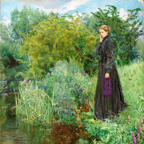 A painting of a woman stands at the edge of a river, she wears a black outfit and is surrounded by green shrubs and bushes.