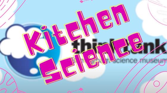 An infographic with a light blue background and white clouds. A large pink title says "kitchen Science"