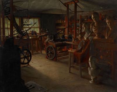 an old painting of a workshop. It's quite dark, and most objects are made of wood.
