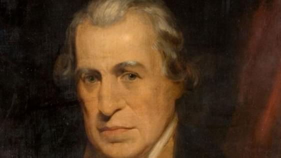 A very old portrait of Mr James Watt. He is looking at the artist. The painting is very dark and gloomy.