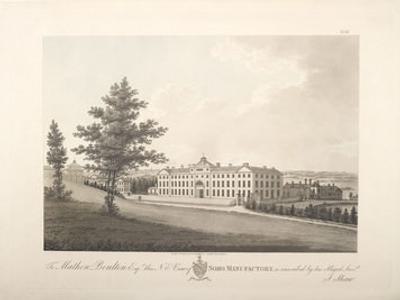 A very old line-drawing or print of a large stately home and its grounds. The image is grey and the paper is cream.