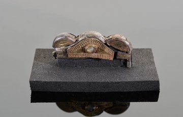 A silver & gold object on a grey background. The object has an intricate design and a large crystal in the centre.