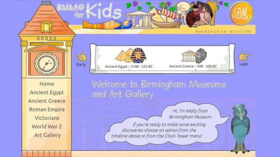 A colourful cartoon with text about Birmingham Museums and Art Gallery. This is a still of the interactive BMAG feature.