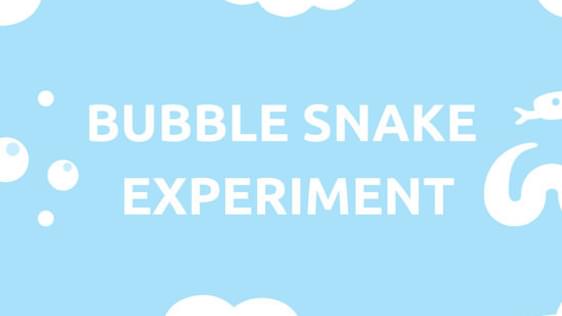 An infographic with a light blue background and white clouds. A large title says "Bubble Snake Experiment".