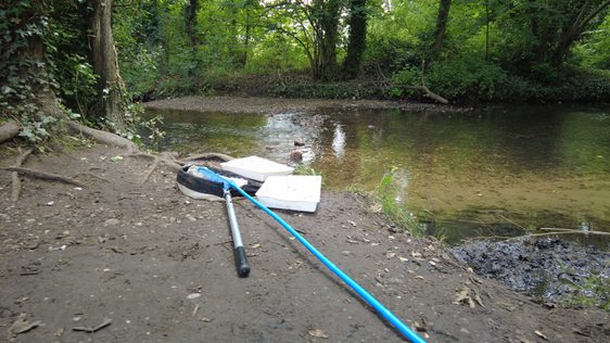 Nets and plastic trays on the side of the river, ready for pond dipping.